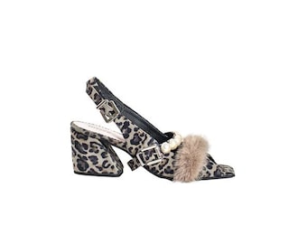 BELLE HEELS Leopard Suede Heels With Pearls Luxury Mink Fur Details Women Shoes Soft SUEDE women sandals with pearls