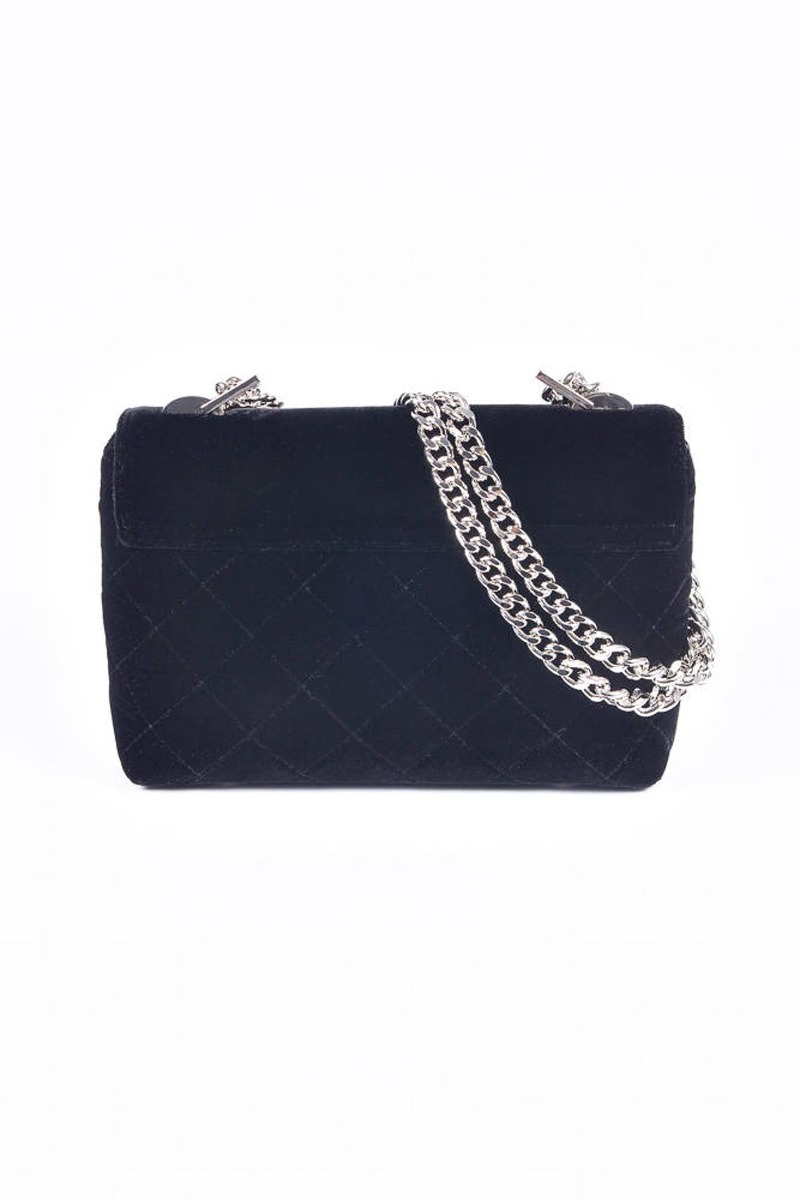 Black Velvet Bag W/ Silver Plated Chain and Metallic Studs, Black Velvet Handbag by Anna Kruz