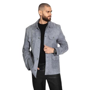 Grey suede  LEATHER JACKET for men / Utility Style with Front Pockets / Handmade Custom made jacket / Soft Genuine Suede