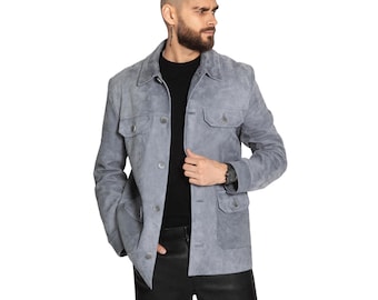 Grey suede  LEATHER JACKET for men / Utility Style with Front Pockets / Handmade Custom made jacket / Soft Genuine Suede
