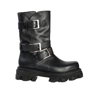 MARIA BOOTS Massive Biker Boots with silver buckles for women BLACK leather boots with zipper Half length combat boots for women