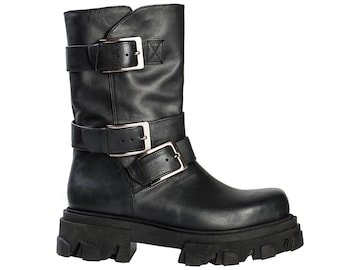 MARIA BOOTS Massive Biker Boots with silver buckles for women BLACK leather boots with zipper Half length combat boots for women