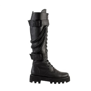 BASILISK 02 Knee-High BOOTS with chains and buckles Black leather boots for women Nappa leather combat boots Leather boots with straps