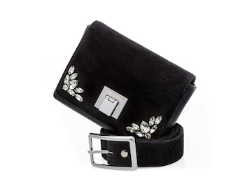 SUEDE BELT BAG | Black leather bag for women | Black belt bag Trendy designer leather bag with swarovski crystals | Hand free bag hip bag