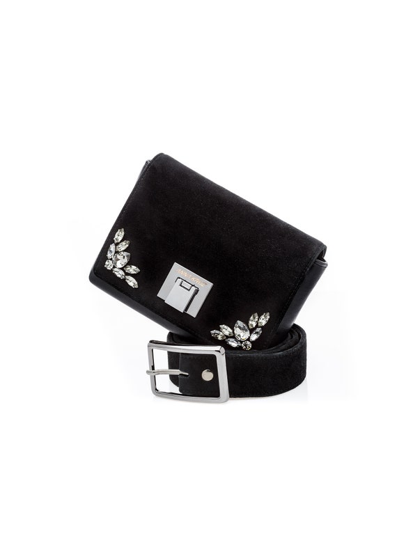 SUEDE BELT BAG | Black leather bag for women | Black belt bag Trendy designer leather bag with swarovski crystals | Hand free bag hip bag