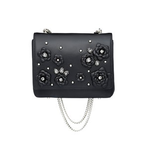 BLACK Leather Bag Black Shoulder bag Custom made cross body bag CAMELLIA with Leather flowers and Swarovsky crystals