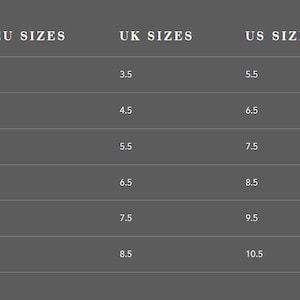 May include: Shoe size conversion chart with EU, UK, and US sizes. The chart shows EU sizes 36 to 41, corresponding UK sizes 3.5 to 8.5, and US sizes 5.5 to 10.5. The text is in white on a gray background.