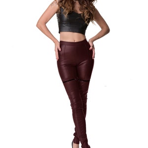BURGUNDY QUILTED LEGGINGS Custom made leather leggings Women leather pants Plus size leggings Genuine leather pants Handcrafted xxl leggings