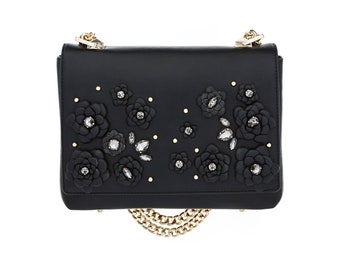 BLACK Leather Bag Black Shoulder bag Custom made cross body bag CAMELLIA LARGE with Leather flowers and Swarovsky crystals