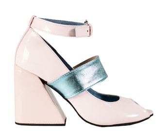 SOFIA Pink Patent leather heels with decorative blue strap Leather platform sandals Genuine leather shoes Women's high heels Open toe shoes