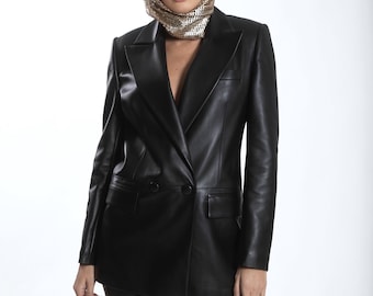 DOUBLE-BREASTED leather blazer / Women leather custom made classic blazer oversize / Handmade Plus size model Custom made jacket