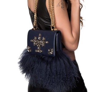 NAVY Blue Leather Bag Blue Shoulder bag CHARLOTTE with Genuine Lama fur and Swarovski crystals