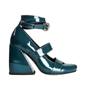 ELIZA Turquoise patent leather heels with straps BLUE patent leather shoes Shiny leather sandals Fancy party shoes Turquoise leather shoes