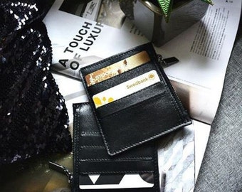 Pocket CARD HOLDER little money WALLET for coins /cards / paper money Genuine leather pocket wallet Black lambskin leather card holder