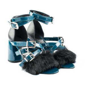MACAW Strap SANDALS Dark Turquoise  patent leather sandals with black fur BLUE strap sandals with fur detail Funky summer sandals
