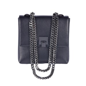 Black Leather Bag w/ gunmetal color front flap closure, Natural Leather crossbody bag by Anna Kruz, MK leather Shoulder Bag, BLACK JUSTEEN