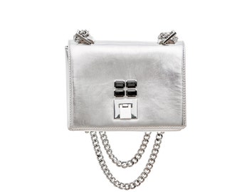 SILVER Leather Bag Silver Shoulder bag  Handmade cross body bag MIA with Swarovsky crystals