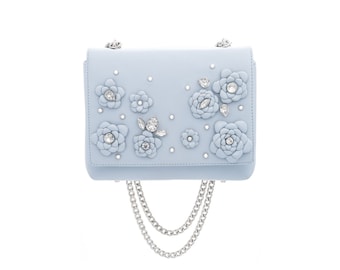 BLUE Leather Bag Blue Shoulder bag Custom made cross body bag CAMELLIA with Leather flowers and Swarovsky crystals