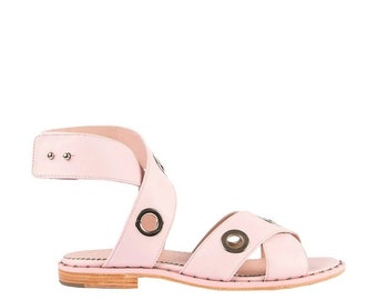 PINK strap sandals with metallic loop details Pink leather shoes Flat summer sandals for women Light ring leather shoes Women's sandals