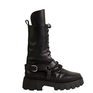 HELEN BOOTS Chunky BLACK leather combat boots with decorative chain and massive rubber sole Black high combat boots with buckles