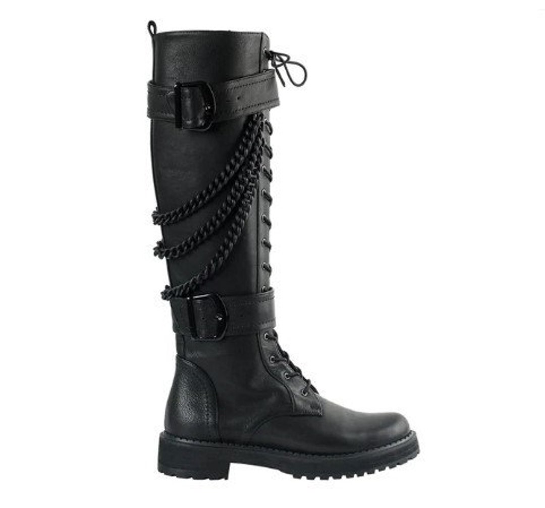 BASILISK Kneehigh BOOTS With Chains and Buckles Black Leather Boots for Women Nappa Leather