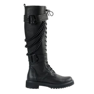 BASILISK Kniehohe STIEFEL mit Ketten und Schnallen Schwarze Lederstiefel für Frauen Nappa Leder Springer Stiefel Lederstiefel mit Riemen