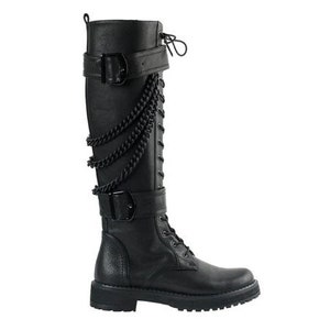 BASILISK Knee-High BOOTS with chains and buckles Black leather boots for women Nappa leather combat boots Leather boots with straps