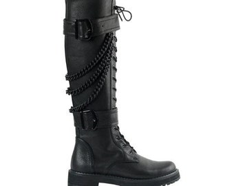 BASILISK Knee-High BOOTS with chains and buckles Black leather boots for women Nappa leather combat boots Leather boots with straps