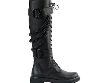 BASILISK Knee-High BOOTS with chains and buckles Black leather boots for women Nappa leather combat boots Leather boots with straps
