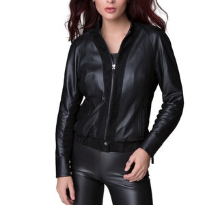 Natural Leather Jacket, Black bomber jacket, Studded jacket, Soft Leather Jacket by Anna Kruz, Trendy custom made fashion bomber jacket image 2
