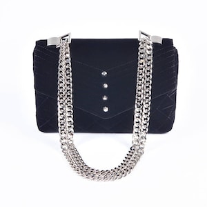 Black Velvet Bag w / Silber vergoldet Kette und metallic-Bolzen, schwarzem Samt Handtasche von Anna Kruz, MK Leder Umhängetasche, schwarzem Samt