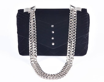 Black Velvet Bag w/ Silver plated chain and metallic studs, Black velvet handbag by Anna Kruz, MK leather Shoulder Bag, BLACK VELVET