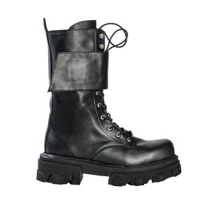 MARGARET STIEFEL Massive Springerstiefel SCHWARZE Lederstiefel Halblange Springerstiefel für Frauen Army Stiefel mit schwarzer Schnürung