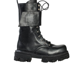 MARGARET BOOTS Massive combat boots BLACK leather boots Half length combat boots for women Army boots with black laces