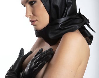 BLACK LEATHER SCARF/ Real leather headscarf/ Stylish trendy accessory leather lambskin scarf