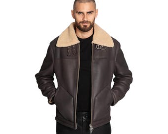 Brown  LEATHER SHEARLING JACKET for men / Aviator Style with Fur Collar / Handmade Custom made jacket for men