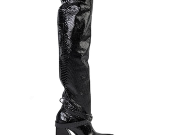MARLENE Snakeskin print leather long boots with decorative strap Real Nappa LEATHER in black for women Gunmetal color furniture