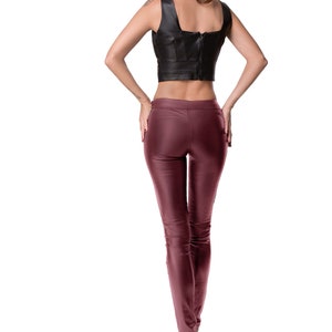 BURGUNDY LEATHER LEGGINGS Classic leggings for women Stretch leather leggings Straight leather pants with zipper Middle waist leggings