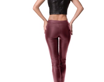 BURGUNDY LEATHER LEGGINGS Classic leggings for women Stretch leather leggings Straight leather pants with zipper Middle waist leggings