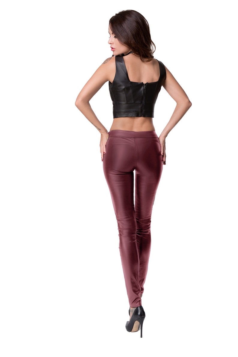 BURGUNDY LEATHER LEGGINGS Classic leggings for women Stretch image 1