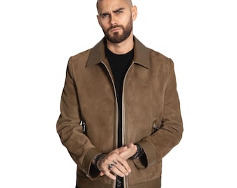 Olive Suede and  LEATHER JACKET for men / Two-Tone Casual Look / Handmade Custom made jacket