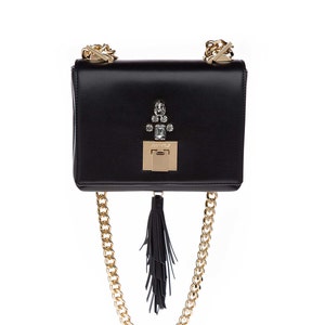 BLACK Leather Bag Coal black lambskin leather Shoulder bag Custom made bag PARIS with Swarovski crystals Gold chain handbag for women