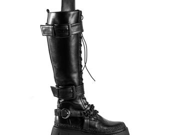 MARY WALKER* Black Nappa leather knee-high combat boots  for women with decorative harness strap and massive rubber sole