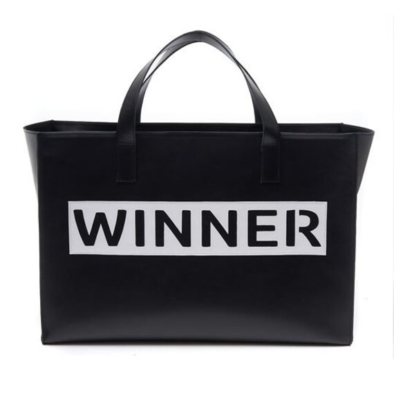 Black Geunine Leather Handbag with White Letter Print WINNER // Exclusive Designer Line for Fashion Week //Italian Leather Everyday Tote Bag