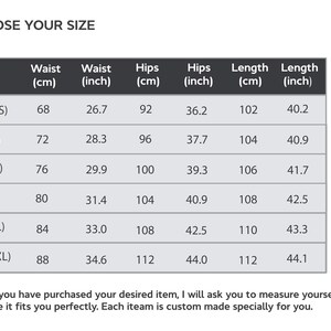 May include: A size chart for clothing with measurements in inches and centimeters. The chart shows waist, hips, and length measurements for different sizes, ranging from XS to XXL.