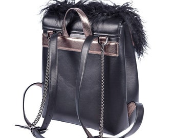 BLACK leather backpack Laptop backpack Custom made Leather bag with Lama Fur Backpack JOSEPHINE with Bronze Leather details