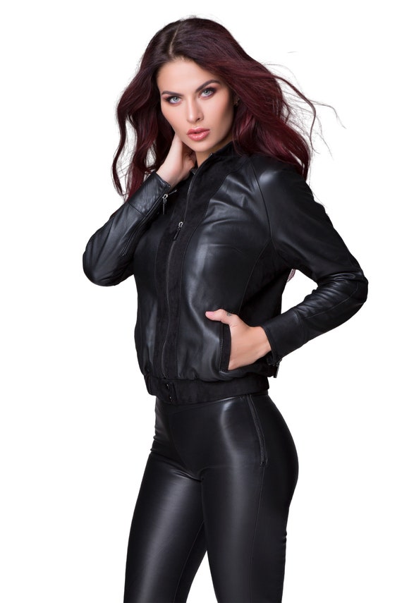 Black Leather Studded Bomber Jacket - Maker of Jacket