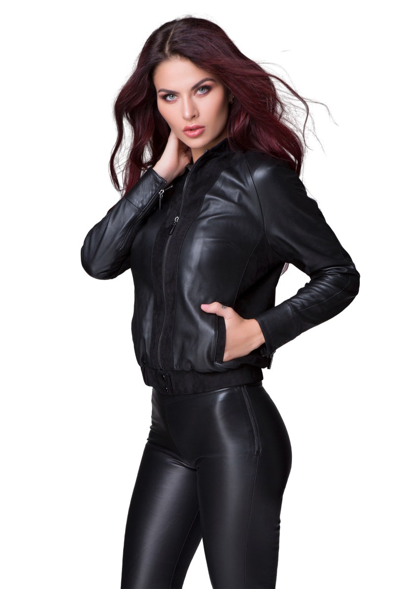 Natural Leather Jacket, Black bomber jacket, Studded jacket, Soft Leather Jacket by Anna Kruz, Trendy custom made fashion bomber jacket image 1