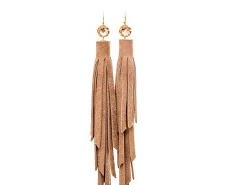 Teal CAMEL BROWN SUEDE Earrings Long Leather Fringe Earrings AnnaKruz Leather Tassel Earring Beige Leather Gipsy Boho style long Earrings