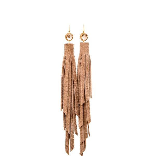 Teal CAMEL BROWN SUEDE Earrings Long Leather Fringe Earrings AnnaKruz Leather Tassel Earring Beige Leather Gipsy Boho style long Earrings